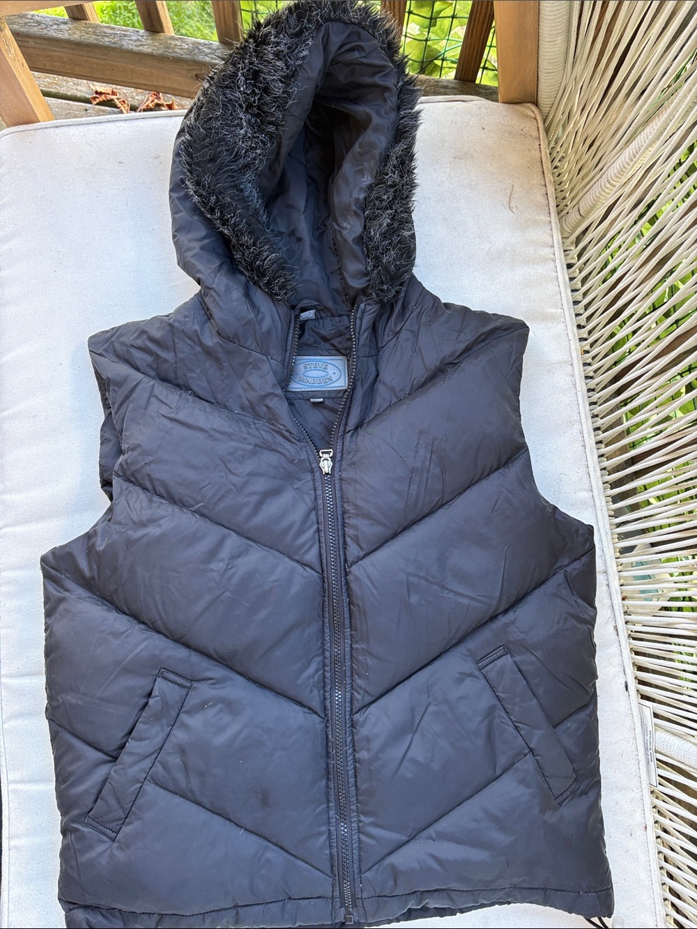 Steve Madden Black Hooded Puffer Vest with Faux Fur Trim